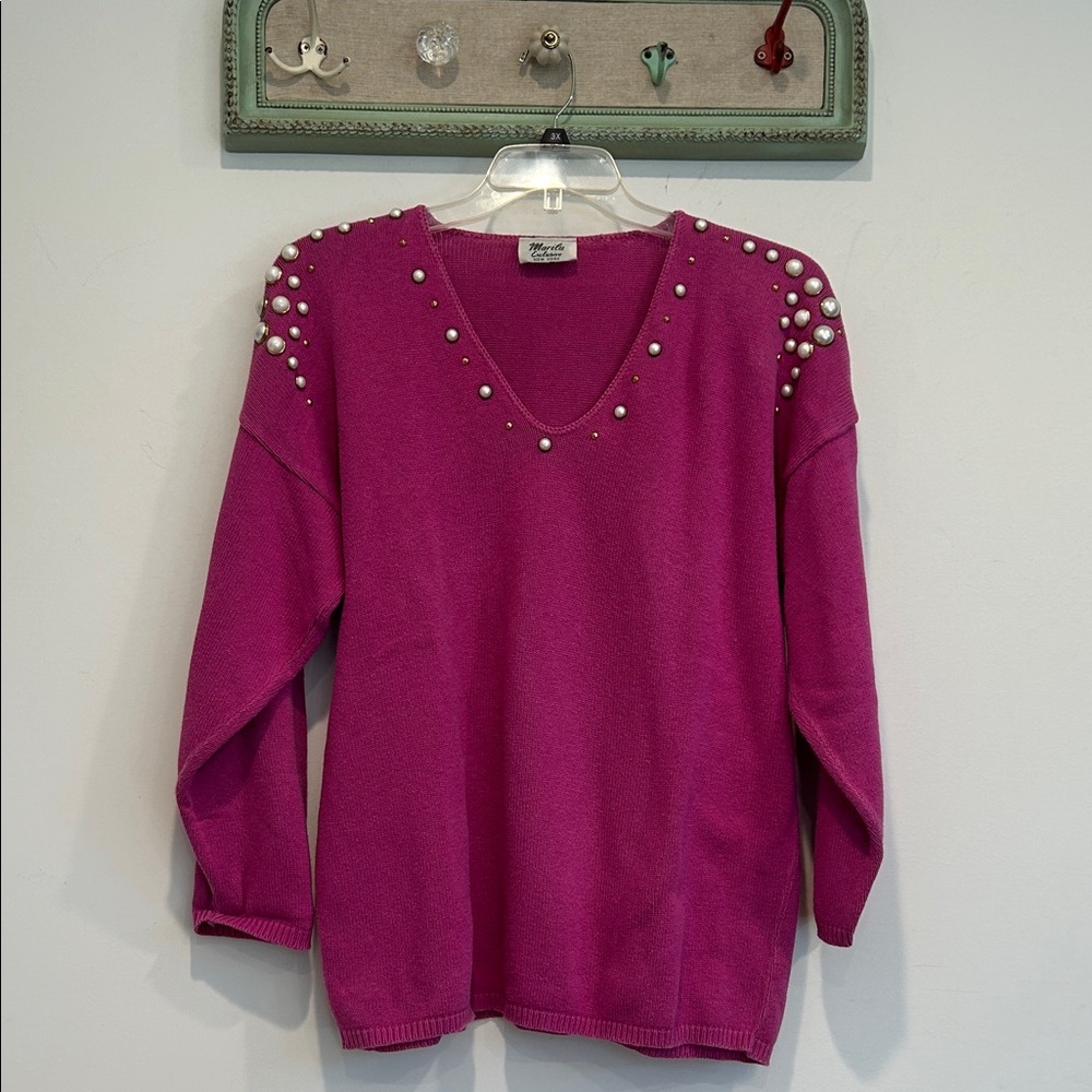 Vintage 80s Marilu Magenta V-Neck Sweater with Pearl Accents women’s large